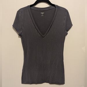 Express Dark Gray Fitted V Neck Double Layer T Shirt